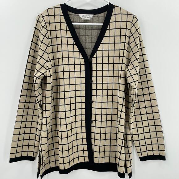 Misook Women's Cardigan Sweater, Sz. L Neutral Preppy Minimalist Windowpane - Picture 1 of 8